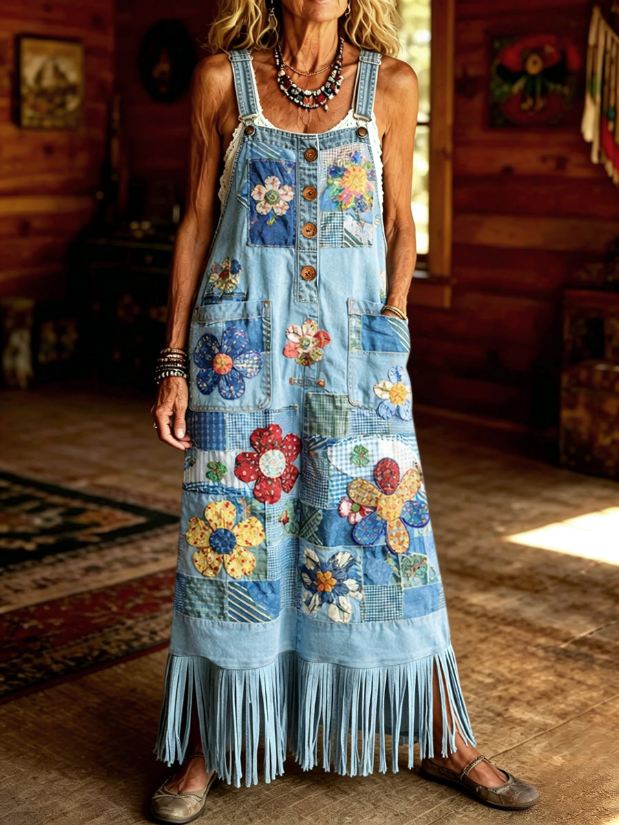 Women's Retro Style Floral Art Print Washed Denim Strap Tassel Maxi Dress
